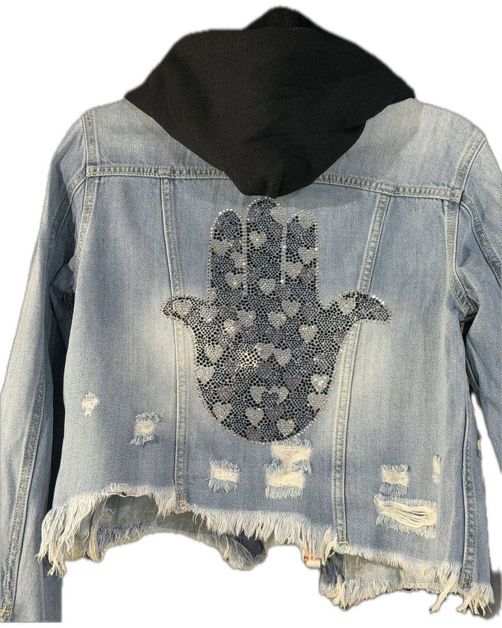 Hooded Black Heart Hamsa Jean Jacket