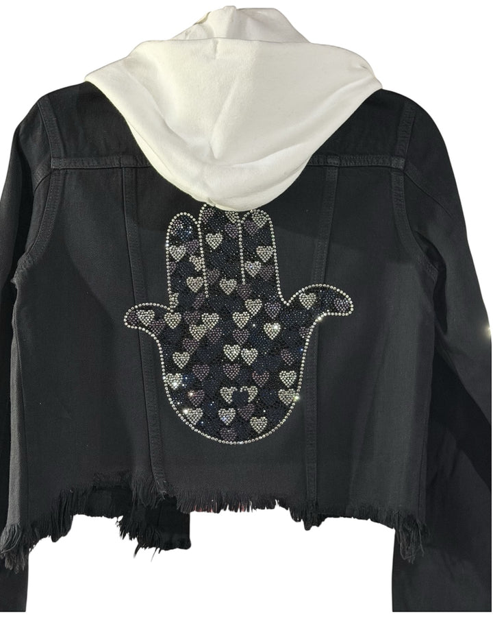Hooded Black Heart Hamsa Jean Jacket