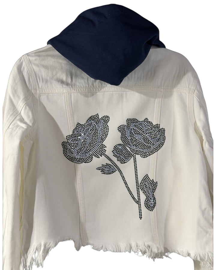 Hooded Navy Flower Jean Jacket