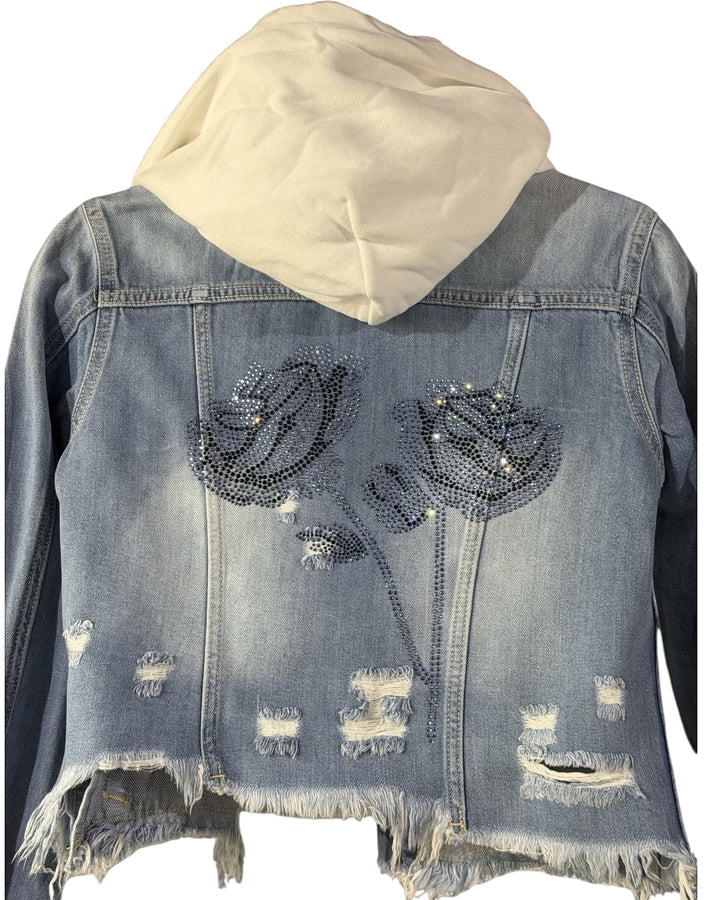 Hooded Light Blue Flower Jean Jacket
