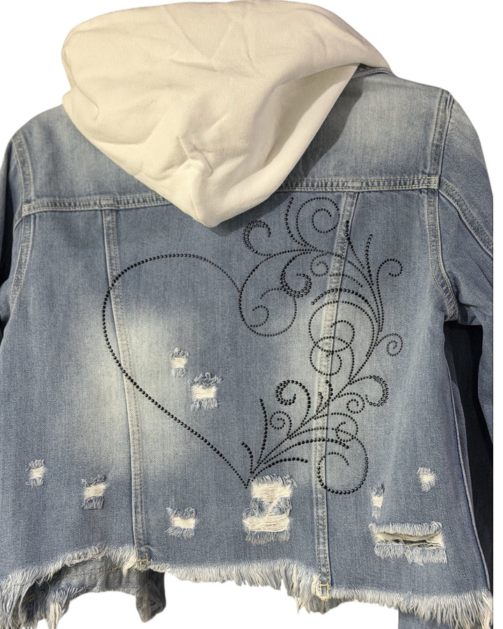 Hooded Nailhead Scroll Heart Jean Jacket
