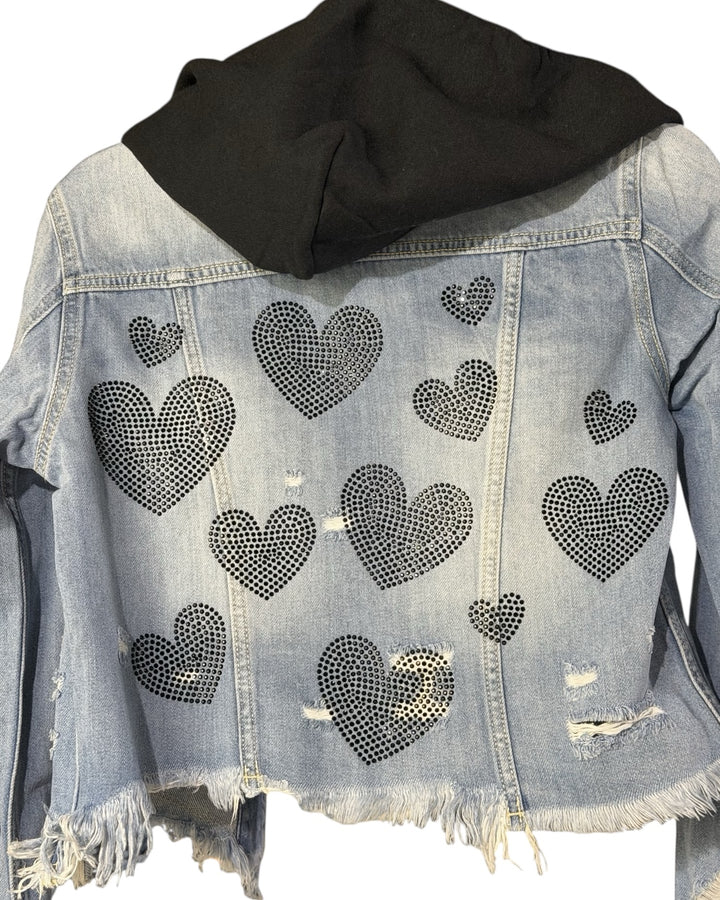 Hooded Black Scattered Hearts Jean Jacket