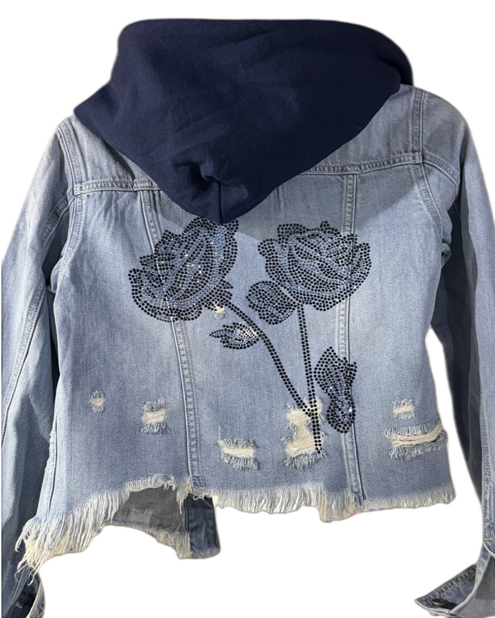 Hooded Navy Flower Jean Jacket