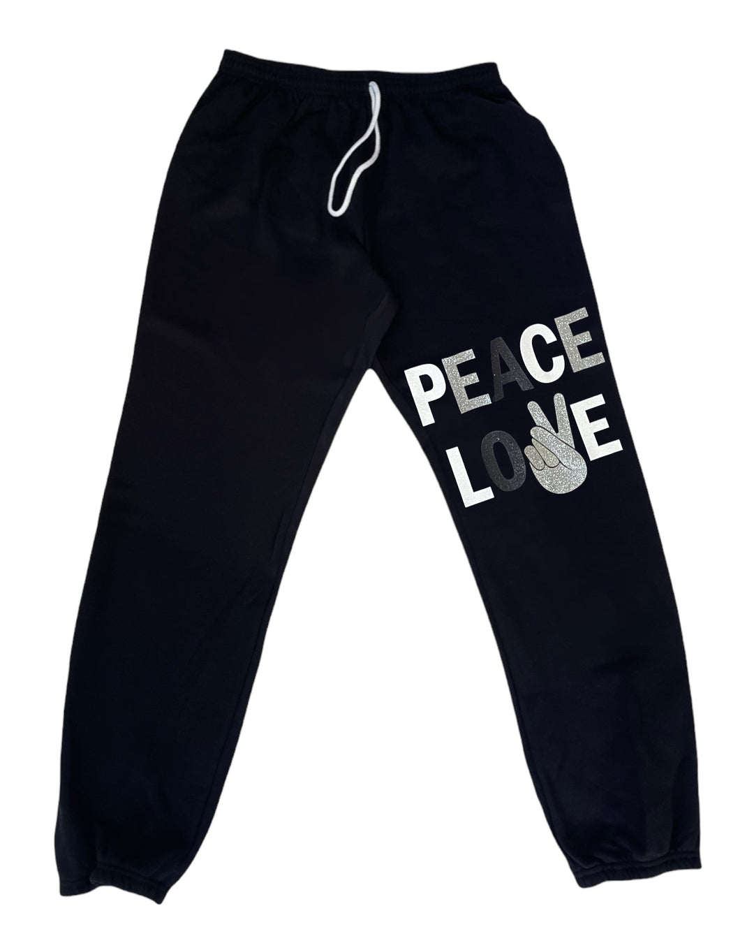 Peace Love Sweatpants- Black/White/Silver Glitter