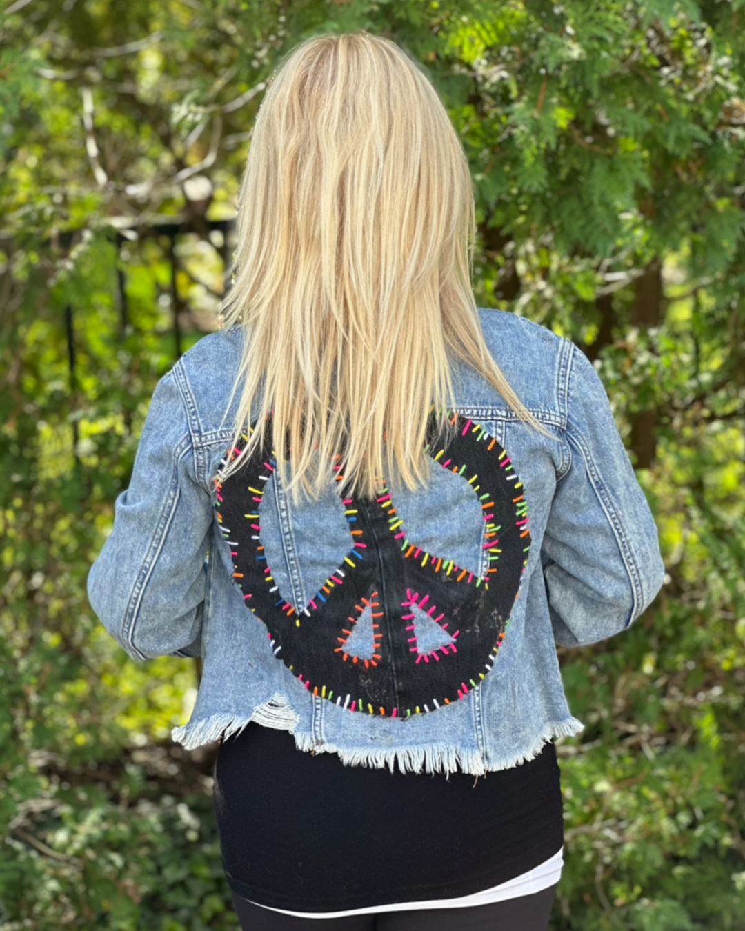 Peace Sign Patched Embroidered Jean Jacket
