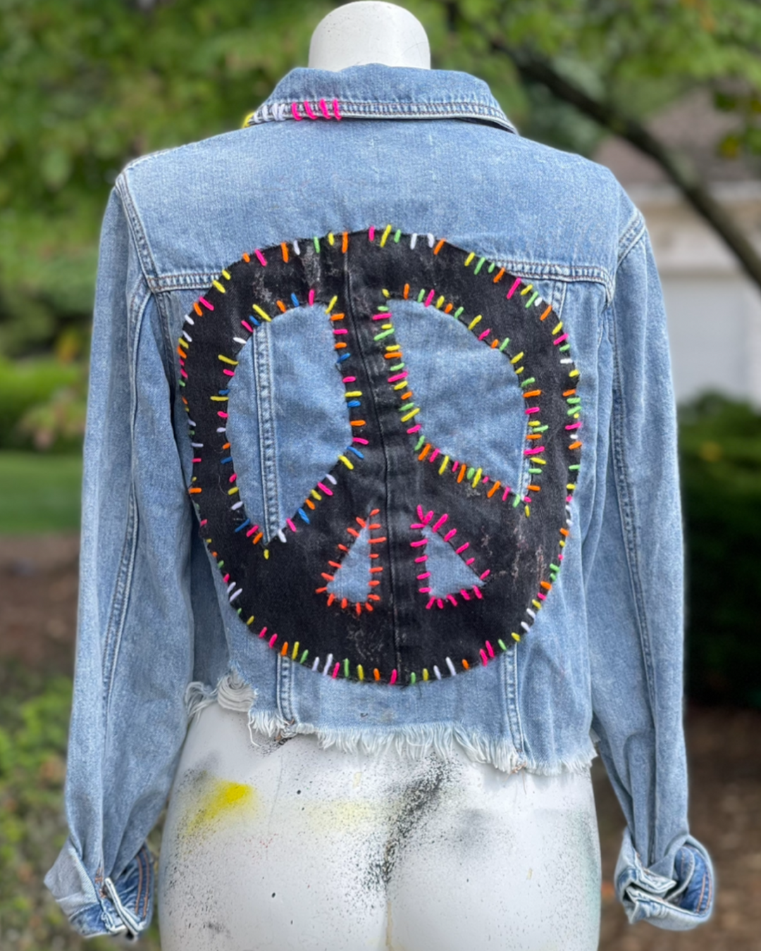 Peace Sign Patched Embroidered Jean Jacket